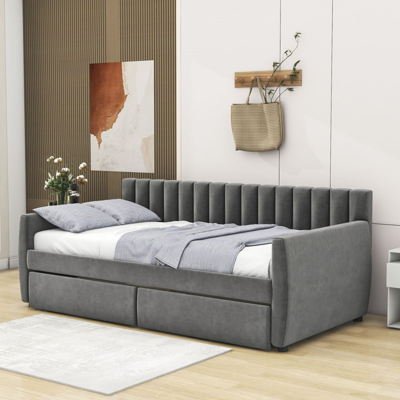 Lit de jour simple tapissier 2 tiroirs, gris