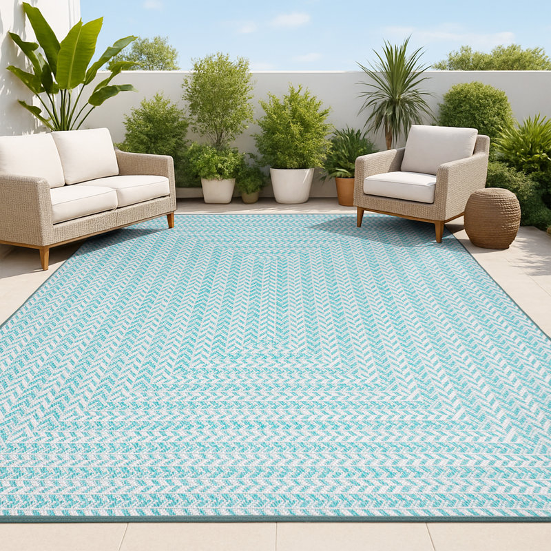 Tapis intérieur / extérieur à chevrons concentriques carrés turquoise / gris clair, Rectangle 3 pi 11 po x 6 pi