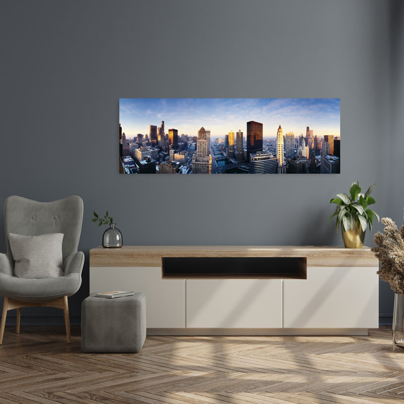 États-Unis, Illinois, Chicago, lever de soleil, architecture contemporaine, art mural urbain, H 16 po x l 48 po