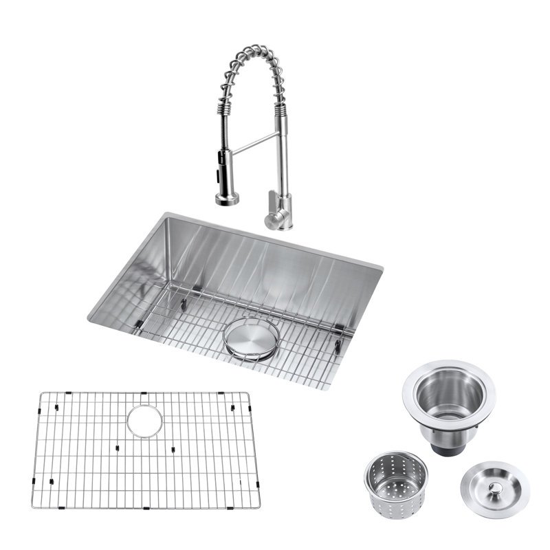 23" Undermount Kitchen Sink with Pull-Down Faucet Combo, 23" x 18" x 9" Stainless Steel Kitchen Sink with Drain Assembly, Strainer & Bottom Grid, All-In-One
