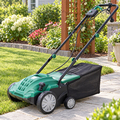 Détacheur de pelouse électrique 2 en 1 et Scarificateur, 13 po de largeur, moteur 12 ampères, grand sac de collection de 31,7 pte, hauteur de râteau réglable