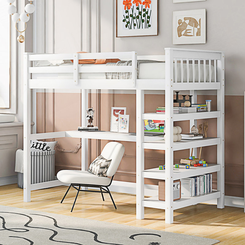 Lit mezzanine simple avec tablettes de rangement et bureau sous le lit, Lit simple, Blanc