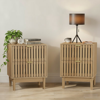 Table de chevet Mid-Century en chêne moderne, table de chevet à deux tiroirs, table de bout compacte en bois pour le couloir de la chambre à coucher, ensemble 2 pièces