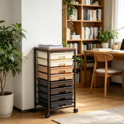 Chariot de rangement roulant avec tiroirs et plateau de table en bois, armoire de rangement de bureau
