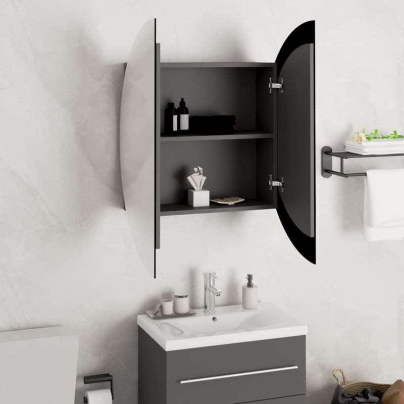 Latitude Run® Bathroom Cabinet With Round Mirror&LED Black 18.5"X18.5"X6.9", 21.3" x 21.3" x 6.9", gris