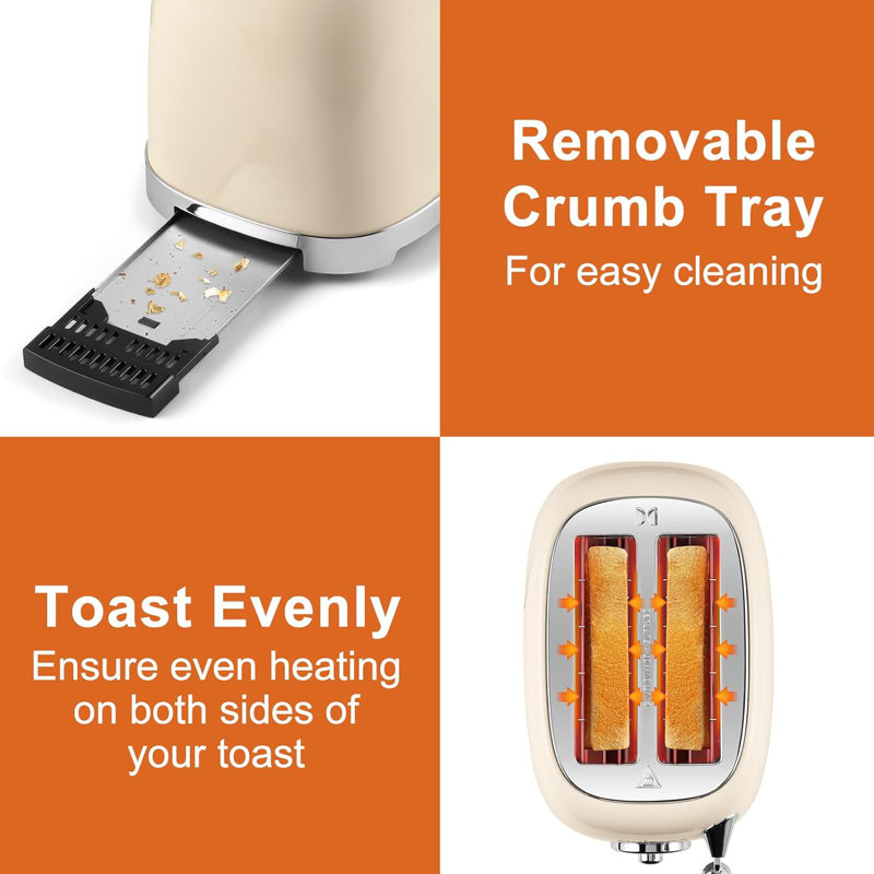 Beige 2-Slice Wide Slot Toaster with Crumb Tray