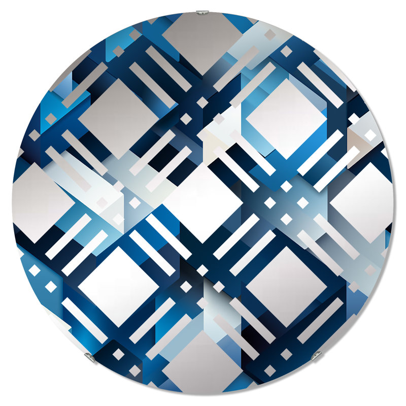 Polygones géométriques minimalistes blancs et bleus II - Cercle de miroir décoratif à carreaux, 31,4 po x 31,4 po