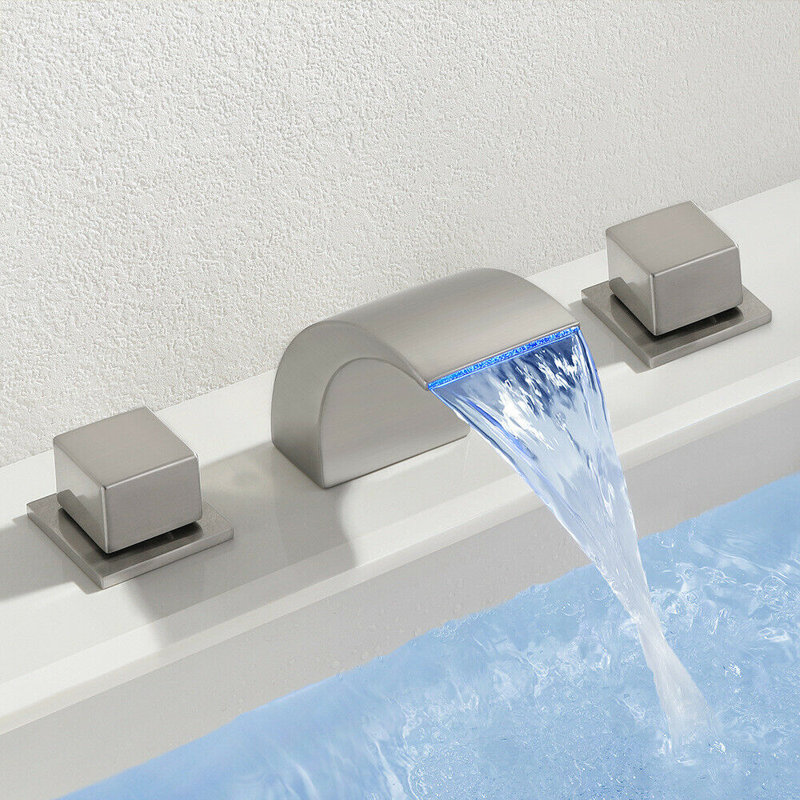 Arlennart Widespread Waterfall Bathroom Faucet - Double Handle LED Color Changing Curved Spout for Vessel Sink, Chrome
