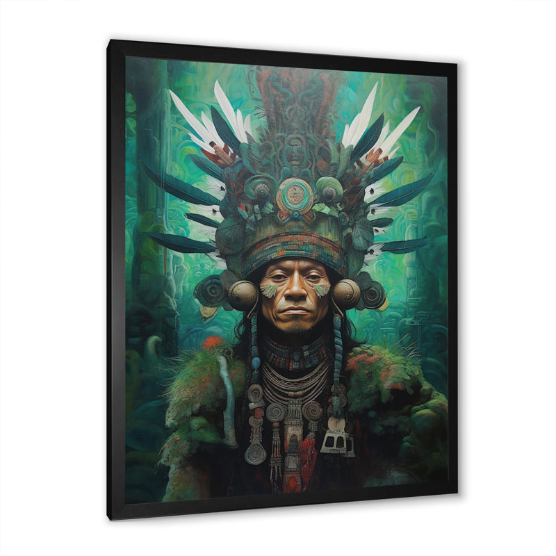 Indigène chaman Amazon Feather coiffe sur toile, Cadre simple noir, H 40 po x l 30 po x P 1,5 po