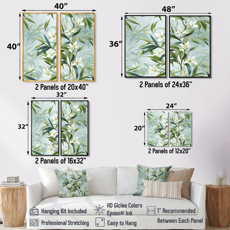Bambou zen tropical - impressions sur toile vertes, 2 pièces, Brun, H 36 po x l 48 po, Impression encadrée flottante