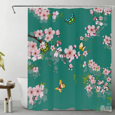 Cherry Blossom Butterfly Shower Curtain 72x72 in Bathroom Teal