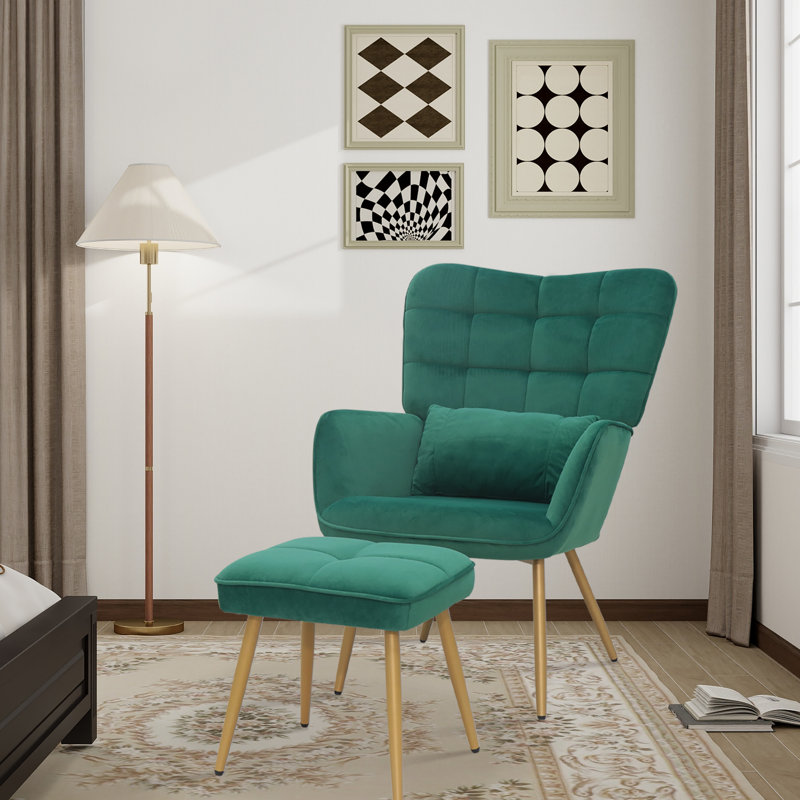 Trishika Velvet Wingback Chair with Ottoman, Green Velvet