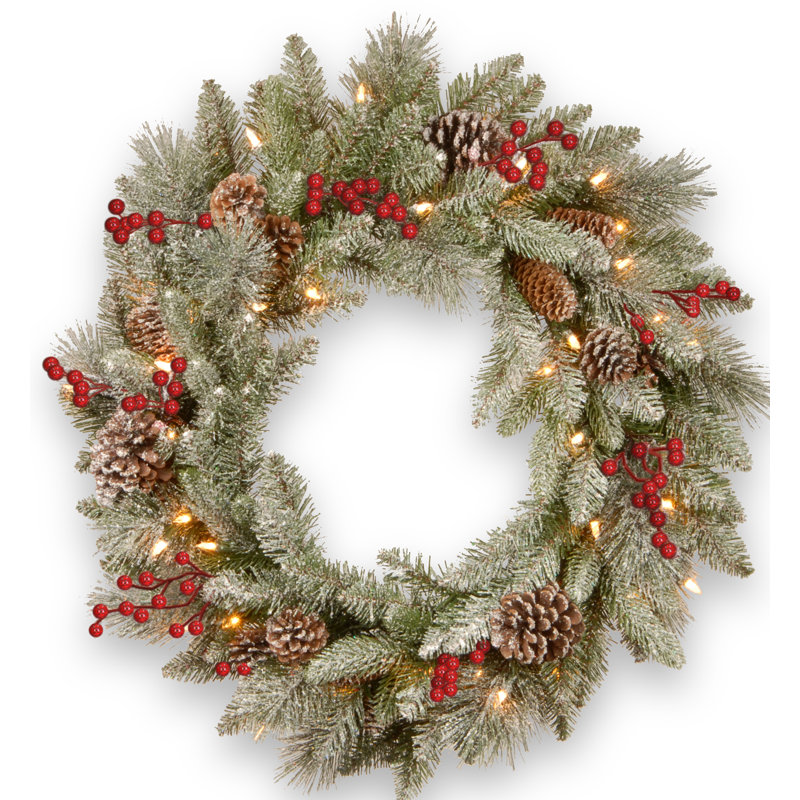 The Holiday Aisle® 24 in. Snowy Bristle Berry Wreath with Battery Operated LED Lights