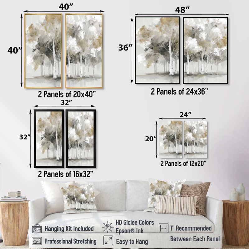 «Autumn Forest Birch Trees In Canada - Birch Wall Art, Gray Nature», reproduction sur toile 2 pièces, H 20 po x l 24 po, Doré