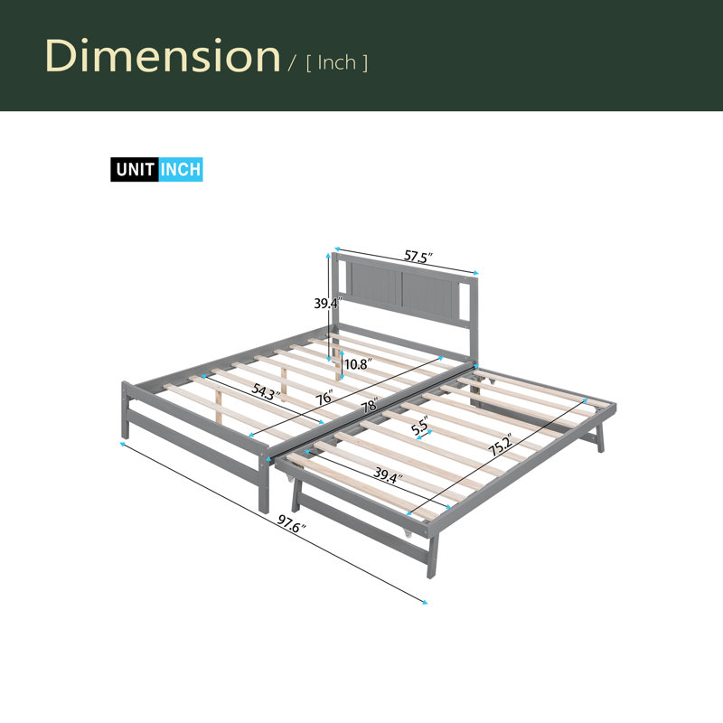 Lit plateforme double avec lit gigogne réglable, Gris