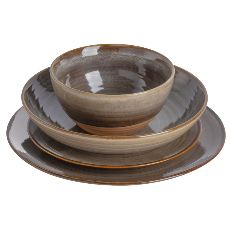 Earthy Brown Ceramic 16-Piece Double Bowl Dinnerware Set
