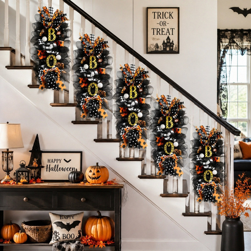 Guirlande de porte d'Halloween BOO en maille, couronne de porte noire à pois orange pour décoration de maison hantée d'Halloween