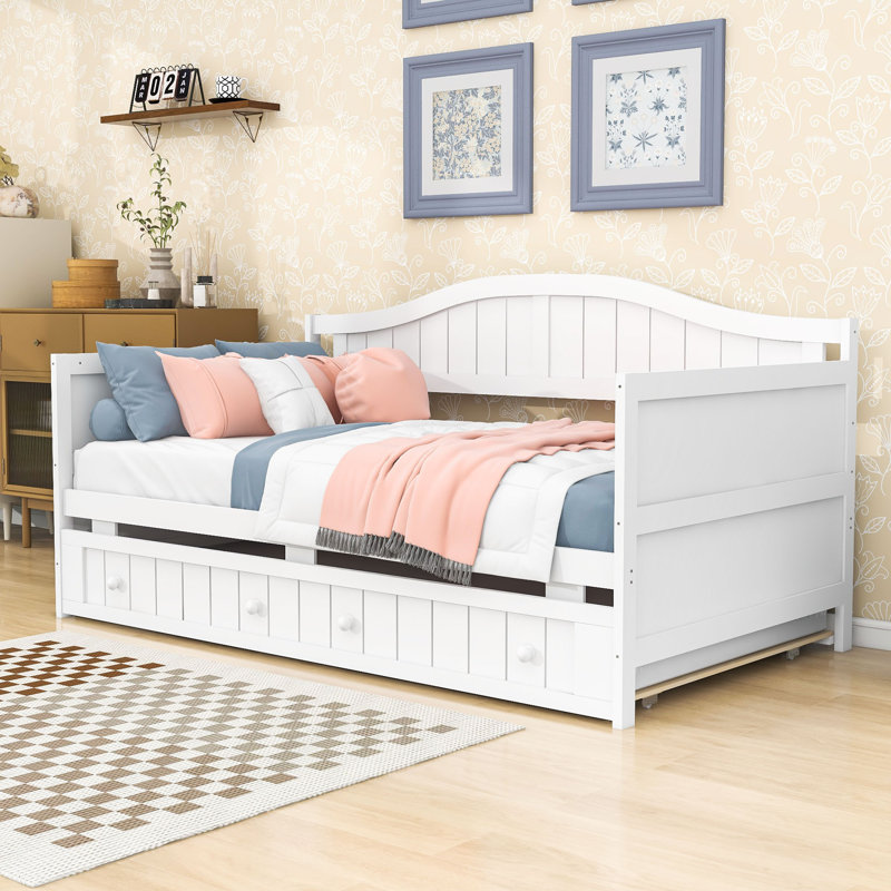 Elegant Twin Wood Daybed with Twin Trundle, White