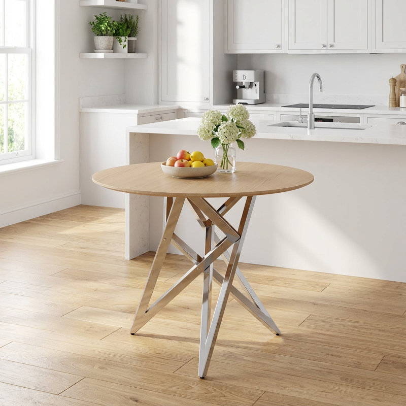 Compact Round Dining Table with Metal Legs, Cast Silver, Natural