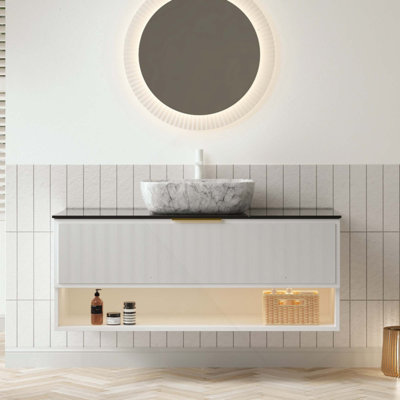 Meuble-lavabo de salle de bain avec lavabo, armoire de rangement en contreplaqué flottant, 2 tiroirs et tablette à rayures fines, capteur de lumière, vasque en céramique à motif marbré et plateau en pierre frittée, pré-assemblé