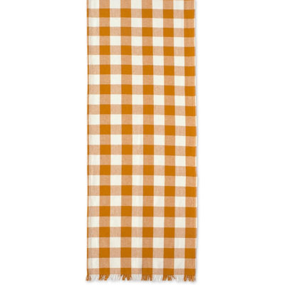 Pumpkin Spice Heavyweight Fringed Check Table Runner for Autumn, Fall Kitchen & Dining Table, Seasonal Home Décor