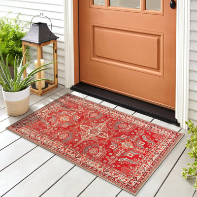 GLN Rugs Collection Vintage - tapis lavable à la machine, tapis lavable rétro, tapis antidérapant, tapis de salon à poils courts, tapis de chambre à coucher, tapis de salle de bain - facile à nettoyer (tapis rouge et beige)