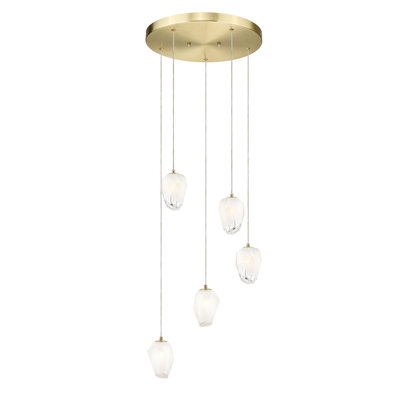 Lustre doré 5 lumières avec abat-jour en verre blanc