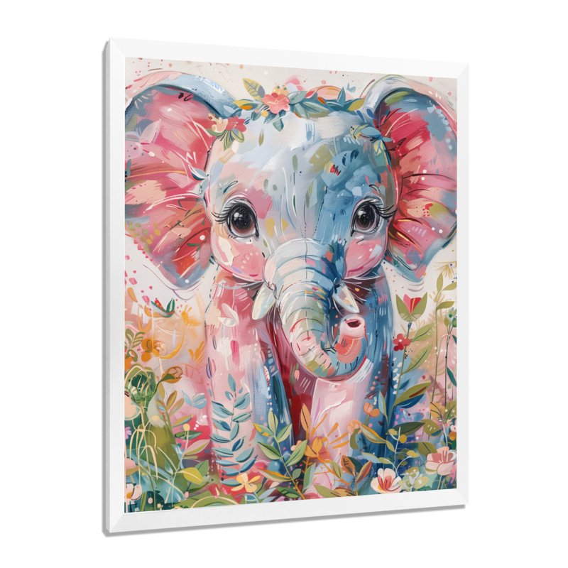 Pépinière gris, rose, magnifique éléphant I - éléphant, art mural, salon, Cadre simple blanc, H 30 po x l 40 po