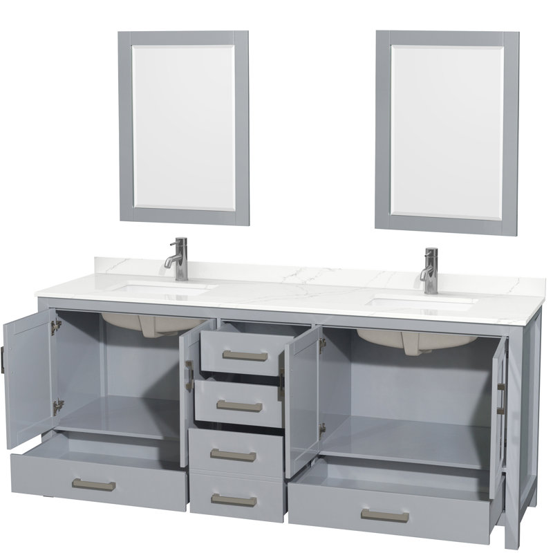 Sheffield 80" Freestanding Double Bathroom Vanity with Quartz Top with 24" Mirrors, Giotto Quartz, Gray