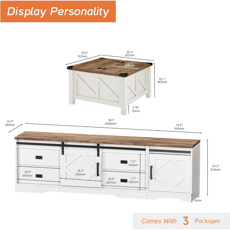 Meuble télé et table basse pour 2 téléviseurs de 85 po avec tiroirs et tablette ajustable, blanc, Bois de chêne, Blanc