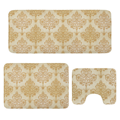Vintage Bathroom Rug Set 3 Pieces U-Shape & Rectangle Mats Cream Pale Brown