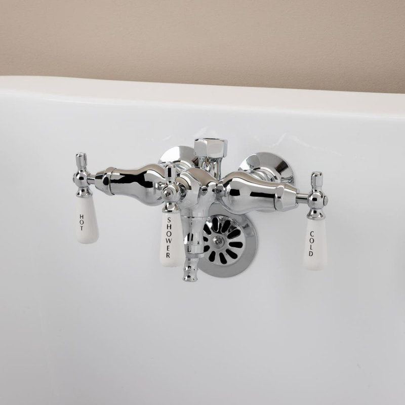 3 Handle Wall Clawfoot Tub Faucet with Diverter, Chrome