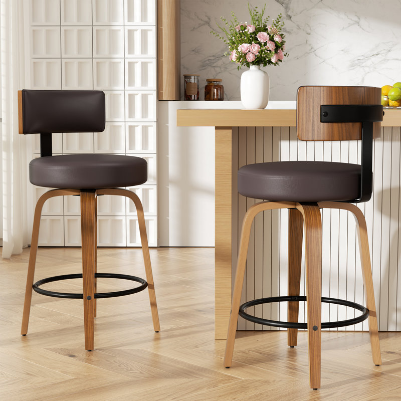 Chic Swivel Leather Upholstered Bar Stool For Ultimate Comfort And Style, Dark Brown, 4