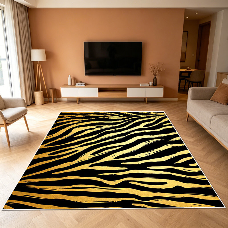 1PC Metallic Gold Black Zebra Stripe Pattern area rugs, Soft and Comfortable, easy-to-maintain, machine washable Indoor floor mat, suitable for living room, bedroom, dining area, hallway, entryway, porch, Home Decor, Outdoor Decor.