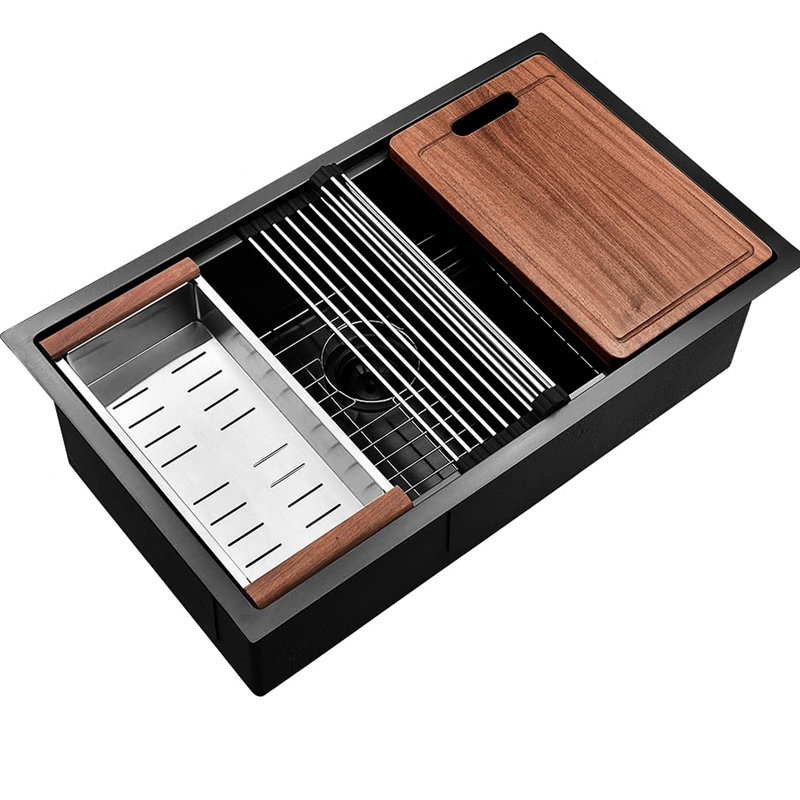 Évier de cuisine encastré 32 po, acier inoxydable T304, système d'insonorisation, poste de travail avec rail coulissant, cuves profondes pour les gros ustensiles de cuisine, évier en acier noir rouille de 32 po et drain Scratch, planche à découper