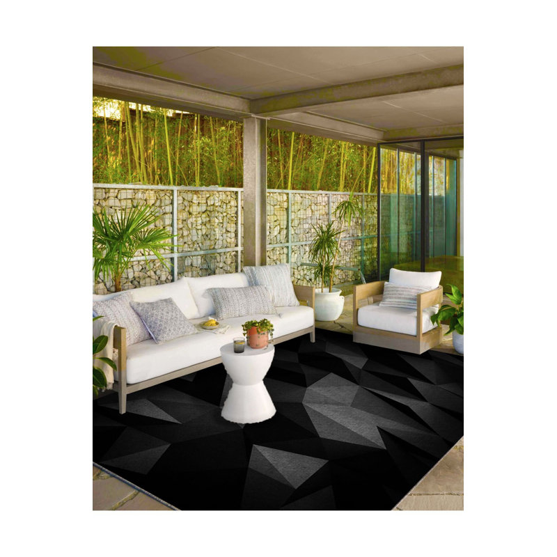 Tapis tissé à motif géométrique noir mat et tapis lavable, Sous-tapis carré 4 pi 11 po inclus