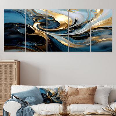 Abstract Teal Waves Golden Sunset - Abstract Wall Art Decor Set 5 Piece