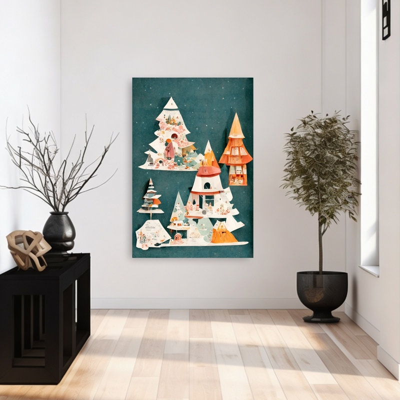 Enchanted Forest Homes, arbre de Noël moderne et coloré, forêt, impression d'art mural, 48" H x 32" W