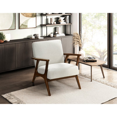Fauteuil contemporain tapissier en chenille beige avec structure en bois massif de couleur châtaignier, largeur de l'accoudoir de 3 po, charge moderne de 300 lb avec accoudoirs tressés, dimension totale de 31 po