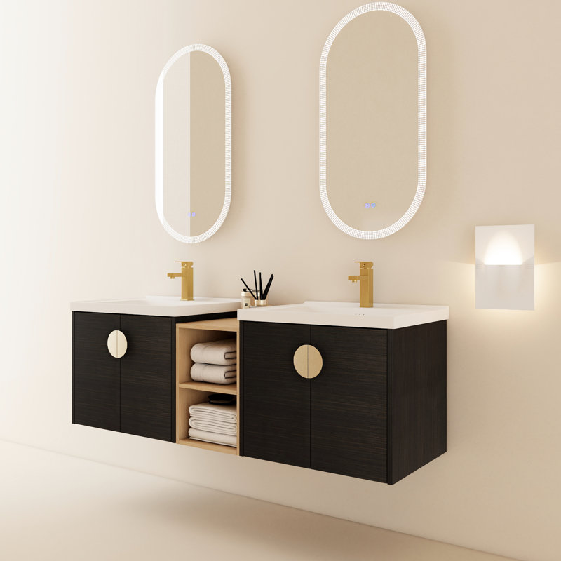 Armoire de salle de bain murale 60 "avec lavabo et tablettes - Châtaignier noir, tiroir de salle de bain moderne à fermeture en douceur, couleur châtaignier
