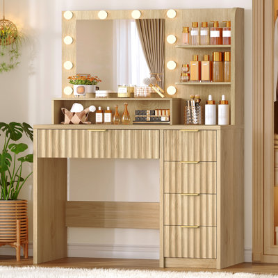 Vanity Desk With Mirror And Lights, Makeup Vanity With 5 Drawers And 3 Storage Shelves, 3 Color Modes & Adjustable Brightness Dressing Table, Vanity Desk For Bedroom