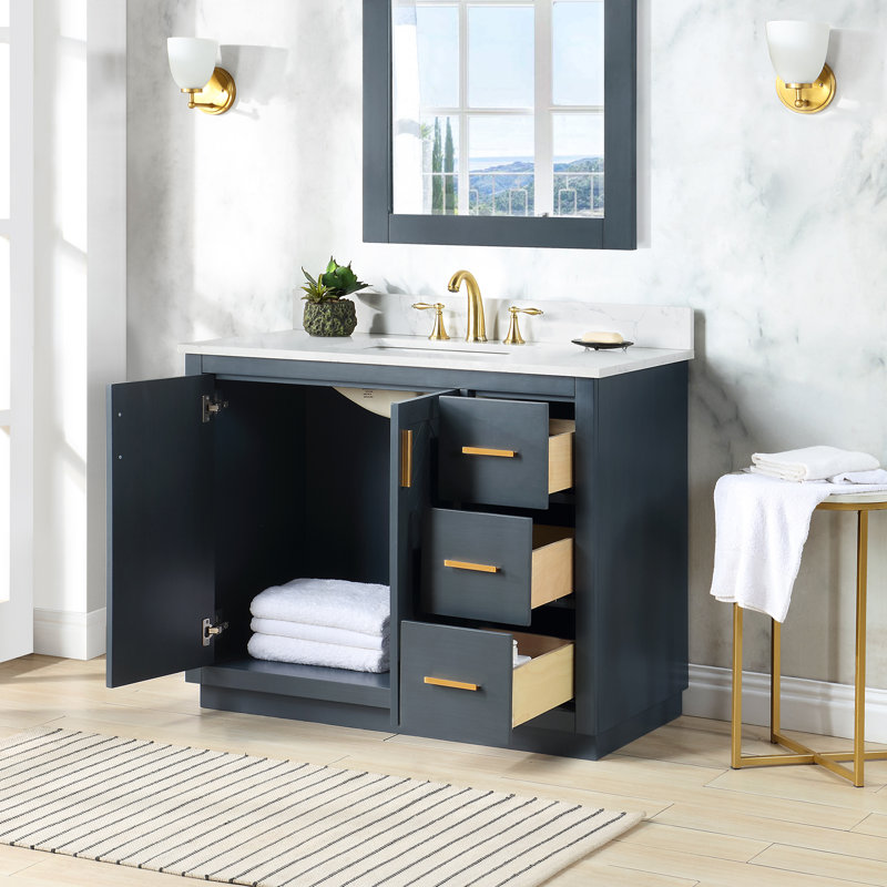 Gazsi 42" W Solid and Manufactured Wood Single Bathroom Vanity with Engineered Stone Top, Charcoal Blue