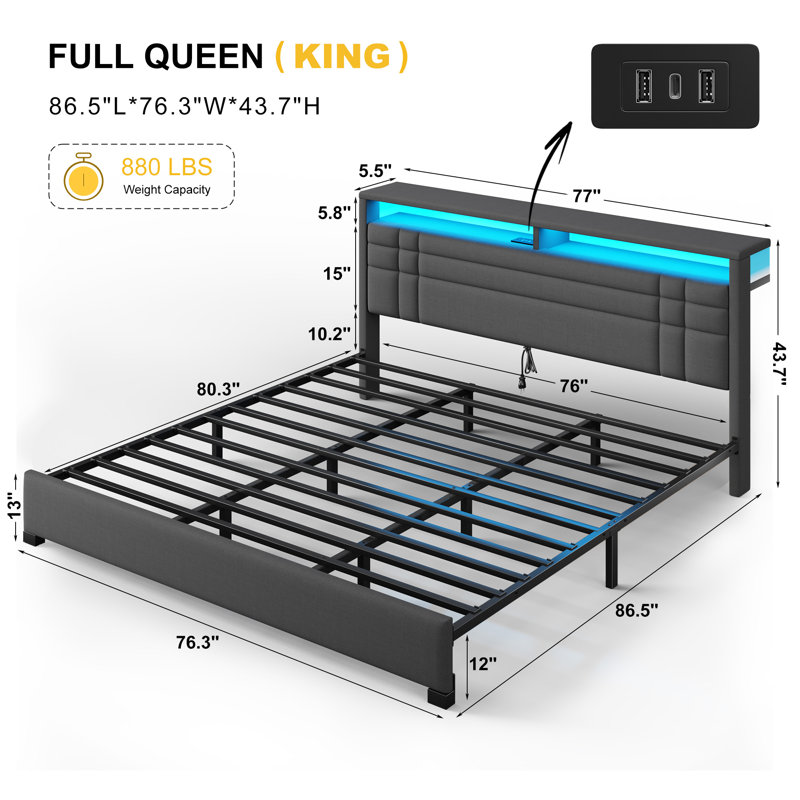 Upholstered Bed With Storage Shelf & Led Lights & Charge Station	, King, Gray