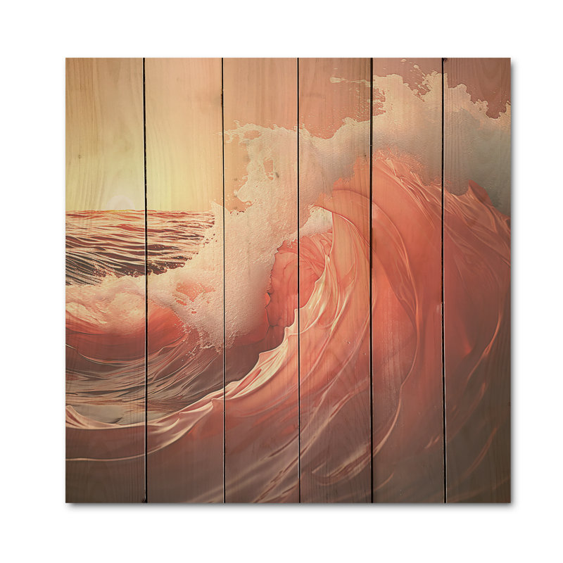 Minimalisme, vague rose, lever de soleil - art mural en bois côtier sur bois de pin naturel, H 36 po x l 36 po