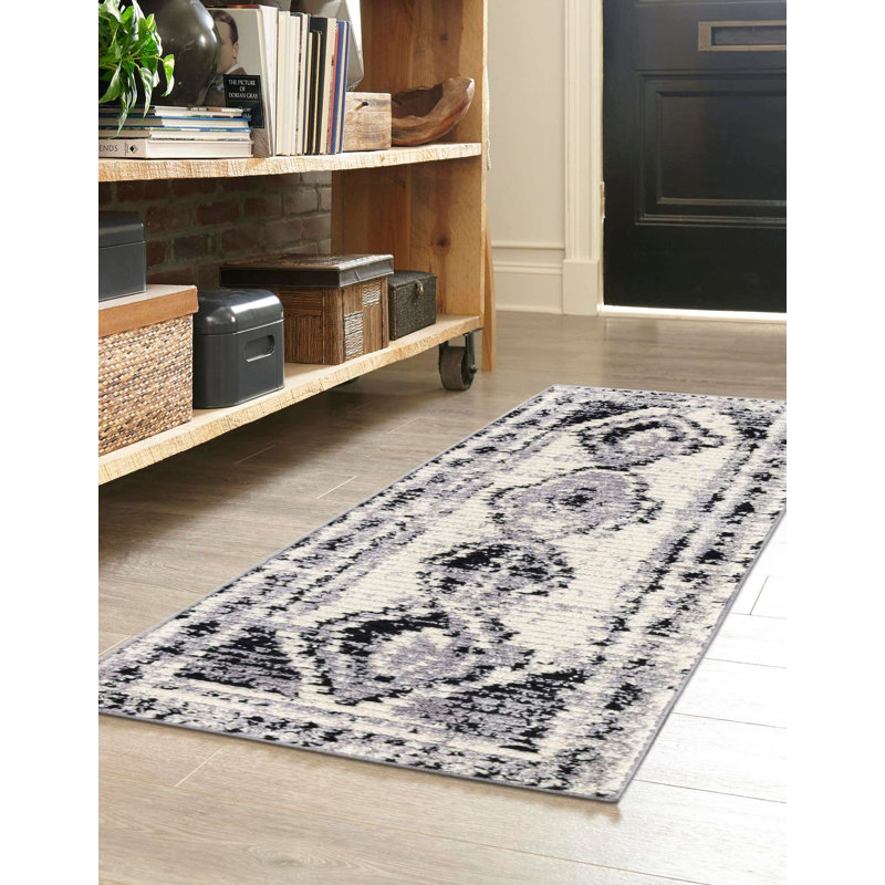 Tapis noir / blanc Ithalia, Tapis de couloir 2 pi 7 po x 12 pi