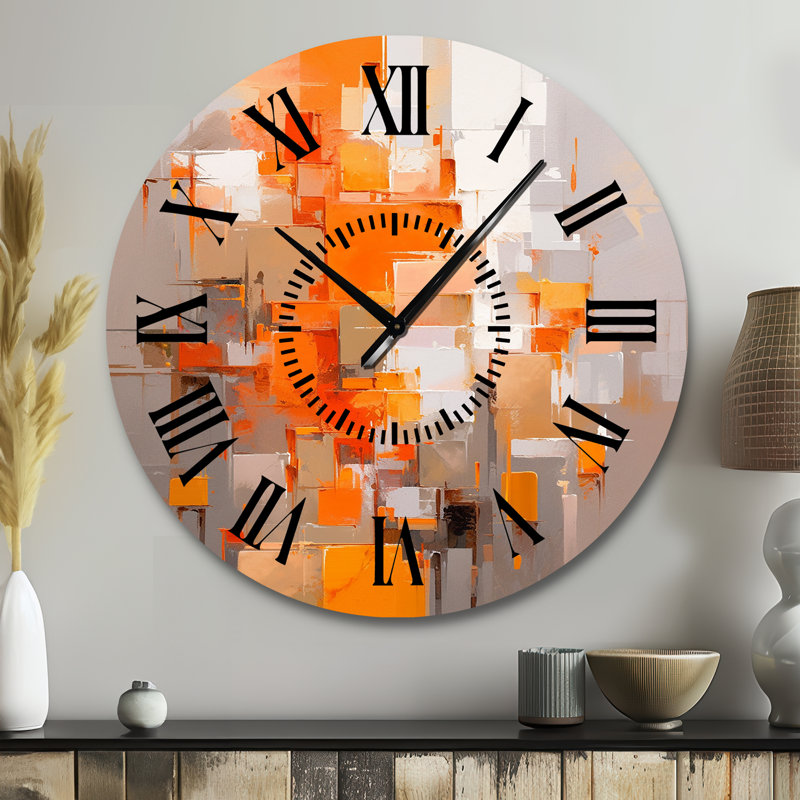 Orange Brown Shattered Realities - Cubism Black Face Wall Clock, Large