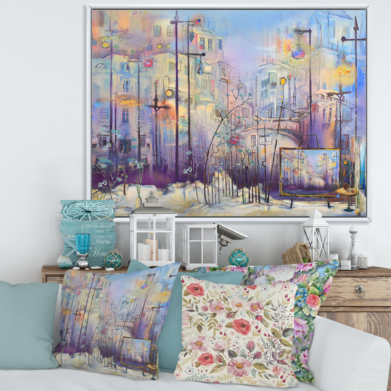 Abstract Pastel Cityscape - Painting on Canvas, 16" H x 32" W x 1" D, White Floater Frame