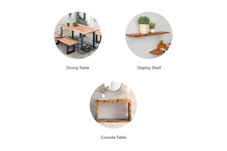 collage of four different types of liv edge furniture pieces