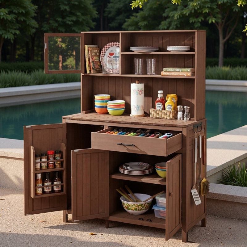 Banc de rempotage avec huche, grand comptoir, tablettes réglables, support à épices, crochets latéraux et tiroir, Brown