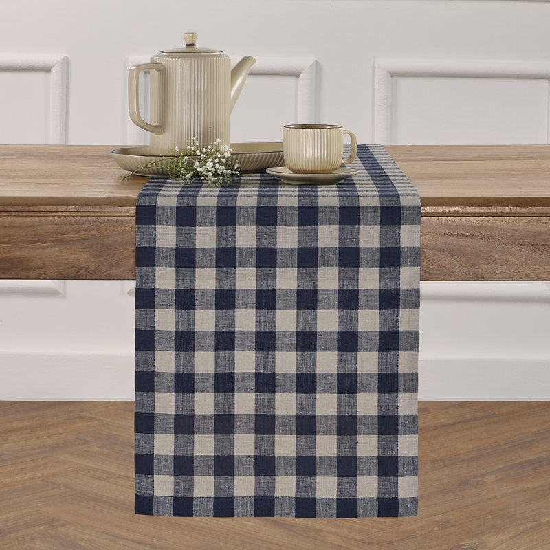 Buffalo Check - 100% Pure Linen Table Runner, 48" x 14", Navy/Natural